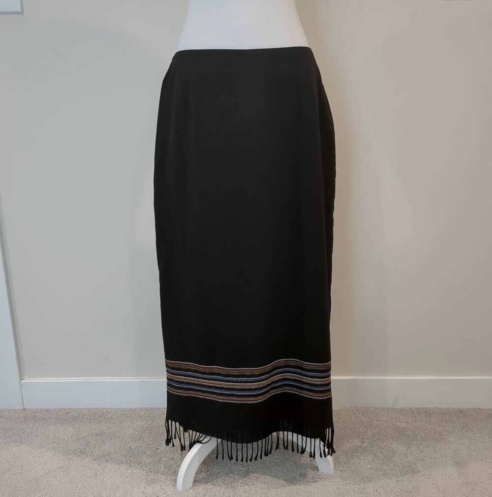 Vintage Dressbarn Skirt Womens 14 Black Straight Midi Fringe Multicolor Stripe